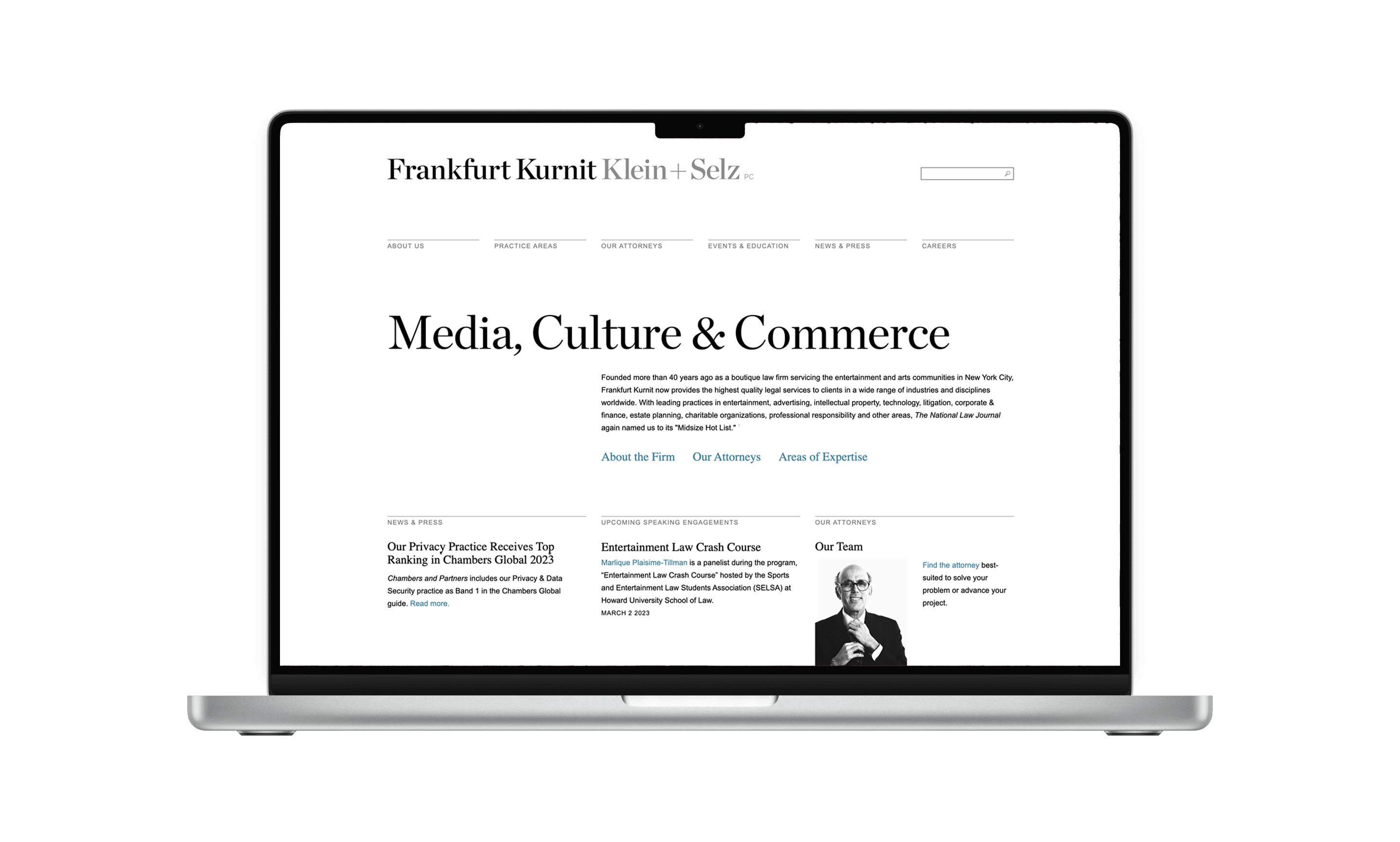 Frankfurt Kurnit Klein + Selz website viewed on monitor